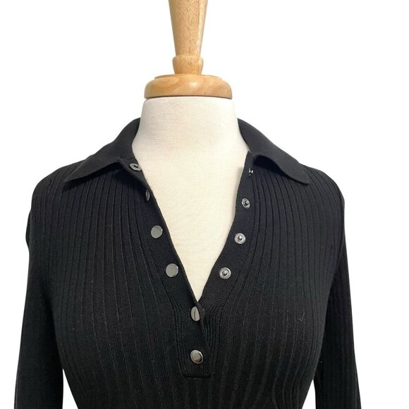 Anthropologie Maeve Satin Cuff Ribbed Polo Sweater Punk Goth Black size Small - Picture 3 of 10